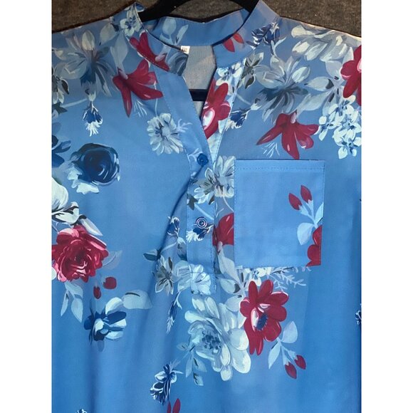 Floral Blue Half Button Roll Tab Sleeve Top Women  XXL - Picture 2 of 9